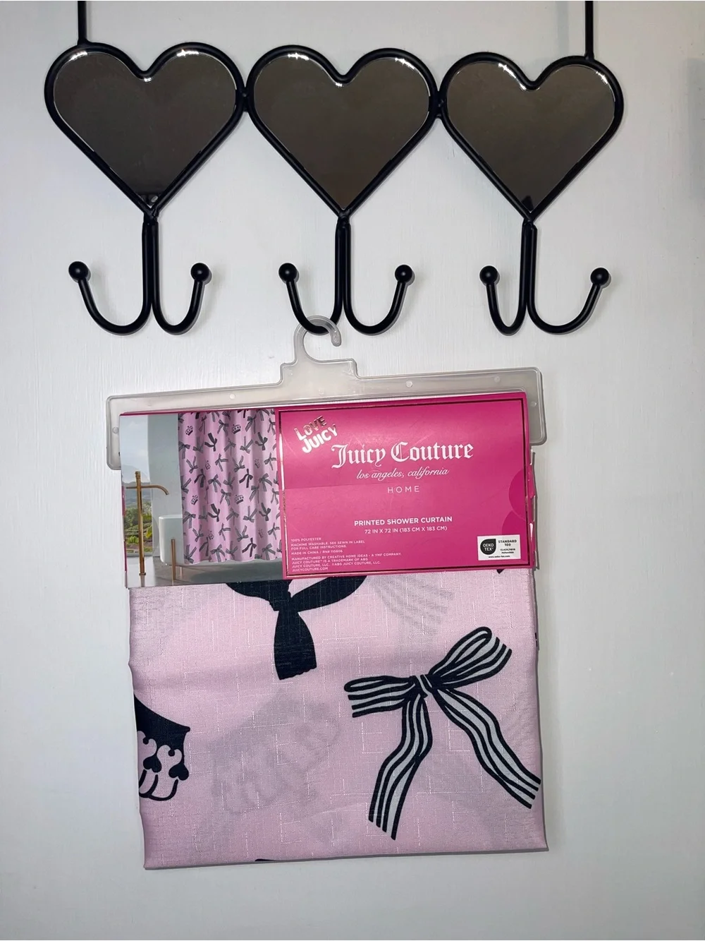 NWT Juicy Couture Pink and Black Bow-Print Shower Curtain